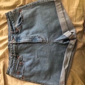 High waisted light wash jean shorts